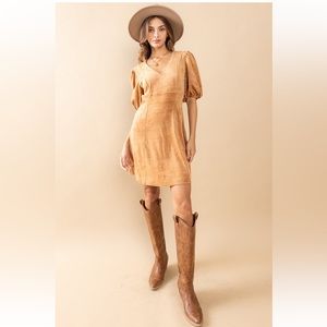 Boho Faux Suede V-neck Bubble Sleeve Shift Dress